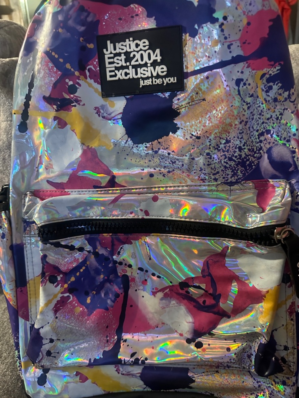 Justice Holographic Paint Splatter Backpack - Purple Pink Yellow